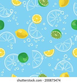 Lemon and lime lemonade seamless vector pattern. Lemonade blue seamless background.