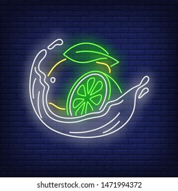 Lemon, lime and liquid splash neon sign. Citrus drink, beverage, freshness design. Night bright neon sign, colorful billboard, light banner. Vector illustration in neon style.