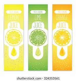 Lemon, lime and orange fresh juice label template for citrus fruit products. Three banners with fruit slices, juice drops and bubbles.