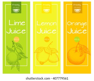 Lemon, Lime And Orange Fresh Juice Label Template For Citrus Fruit Products. Vector Design  For A Package And Packing Box.