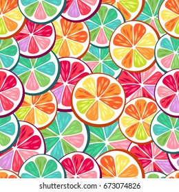 Lemon lime orange and grapefruit slices colorful background. Citrus pieces. Seamless pattern.