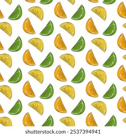 Lemon, lime and orange slice Seamless pattern in trendy yellow, green and orange with black stroke