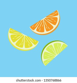 
Lemon, lime and orange slices on a blue background, flat design, background