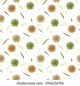 Lemon, Lime and Orange Slices Seamless Pattern. Colorful fresh fruit slices top view ornament. Repeated citrus peaces in yellow, green and orange color. Flat style vector illustration 