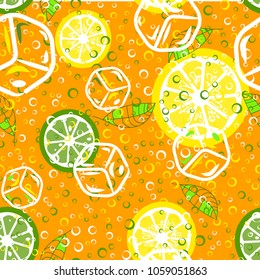 Lemon and lime, pieces of ice, mint leaves and bubbles. A sample with watermelons. Summer mood. Cocktail. Summer pattern.