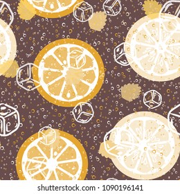 Lemon and lime, pieces of ice, mint leaves and bubbles. A sample with watermelons. Summer mood. Cocktail. Summer pattern.