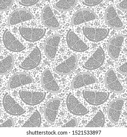 Lemon, lime seamless pattern. Exotic fruits black and white contour background