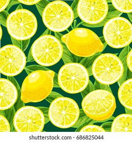 Lemon, lime seamless pattern. Exotic fruits and leaves yellow color vector background