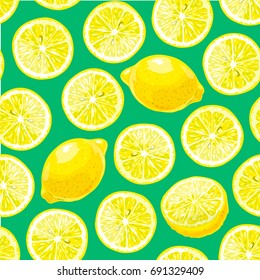 Lemon, lime seamless pattern. Exotic fruits yellow and blue colors vector background