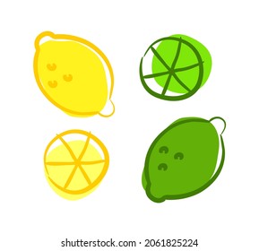 Lemon and lime slice isolated on white background, freehand drawing