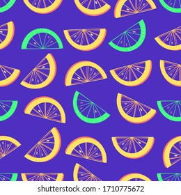 Lemon and lime slice seamless pattern. Citrus fruit backgroung in colorful cartoon style. Juicy tasty appetizing illustration. Vector wallpaper for food design and textile.