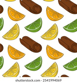 Zitronen- und Limettenscheiben, Zimtstangen Zitrusfrüchte Pop Art Nahtloses Muster. Hintergrundtextidee