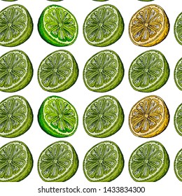 Lemon and Lime Slices Seamless Pattern. Halves of lemons and lime on a white background.