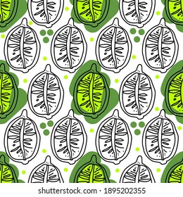 Lemon and lime slices seamless pattern in doodle style. Black and white exotic fruits. Hand drawn tropisian fruits vector illustration on white background with green spots