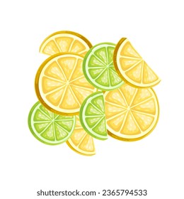 Lemon and lime slices vector illustration. Cartoon isolated top view of citrus fruits cut into round pieces and half circle sections for desserts or lemonade decoration, variety of fresh citric fruit