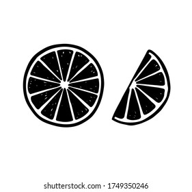 Lemon and lime slices.Abstract vector grunge silhouette drawing of an orange.Black and white isolate citrus and fruit illustration .Summer print design for t-shirts. 