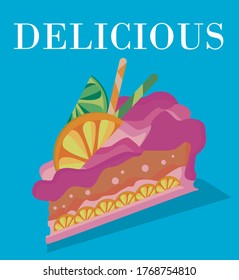 Lemon and lime vector cake with pink cream and blue background. Delicious and colorful dessert.
