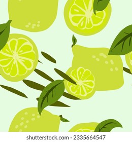 Lemon lime. Vector seamless pattern. Stylized fruit pattern. Hand-drawn illustrations in flat style.