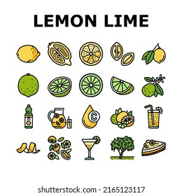 Lemon And Lime Vitamin Citrus Icons Set Vector. Lemon And Lime Fruit Cut And Slice, Delicious Juice And Lemonade, Pie Food And Cocktail Drink Bottle. Blossom Branch Tree Color Illustrations