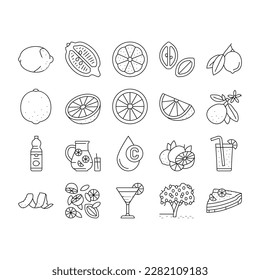 Lemon And Lime Vitamin Citrus Icons Set Vector. Lemon And Lime Fruit Cut And Slice, Delicious Juice And Lemonade, Pie Food And Cocktail Drink Bottle. Blossom Branch Tree Black Contour Illustrations
