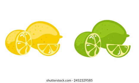 Lemon and lime whole and half fruit isolated on white background. Vector graphic design illustration