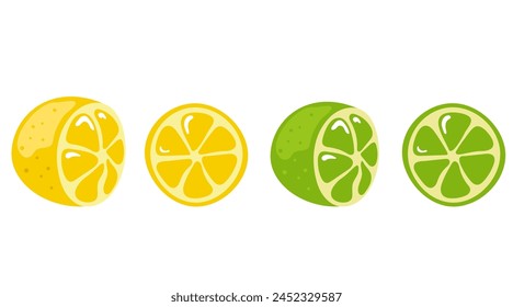 Zitrone und Limette ganze und halbe Früchte isoliert auf weißem Hintergrund. Vektorgrafik Grafikdesign Illustration