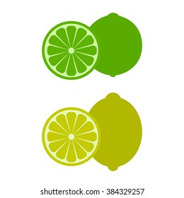 Lemon and lime. Whole and halves. White background. Isolated.