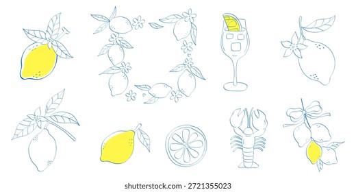 Kunstvektorset Zitronenlinie - mediterrane Sommerzitrus für Food und Drink Branding