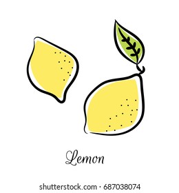 Lemon line colored doodle vector icon. Fruit outline citrus isolated on white background.