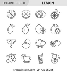 Lemon line icon set. Citrus fruit vector collection. Editable stroke.