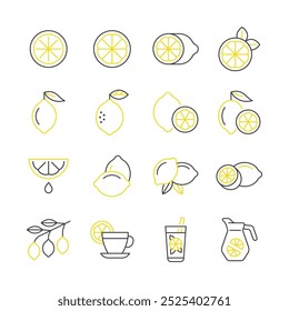 Lemon line icon set. Citrus fruit color vector collection.