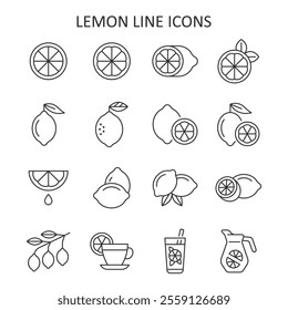 Lemon line icon set. Citrus fruit vector collection. 