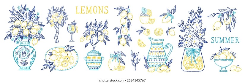 Lemon line vector. Italian hand drawn summer lemon fruit. Line doodle citrus. Sketch tree branch, mediterranean vase, lemonade limoncello. Amalfi Italy coast. Vintage illustration icon set. Italian bg