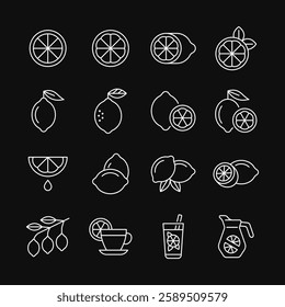 Lemon line white icon set on black background. Citrus fruit vector collection. Editable stroke.