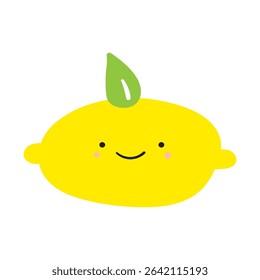 Lemon with little green leaf. Smiling fruit character. Hand drawn illustration on white background.
