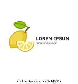 Lemon logo design template. Modern flat branding element for healthy lifestyle company or food manufacturer. Vegetarian concept. Fruit and vegetable farmers market label. Unique symbol
