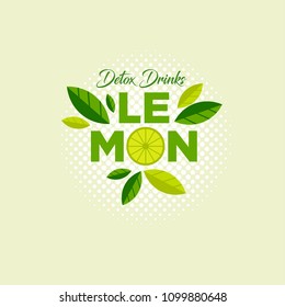 Logotipo de limón. Símbolo Detox Drinks. Letras, trozos de limón con hojas sobre un fondo ligero de medio tono.