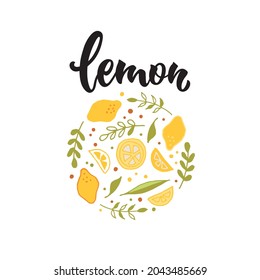 Lemon logo. Handwritten text for banner, poster, signage, advertisement, card, package design. Hand lettering ,modern brush calligraphy. Doodle style vector illustration of yellow lemons and leaves
