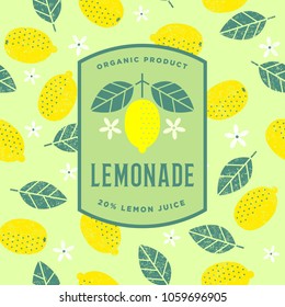 Lemon logo. Lemonade drink emblem. Lemonade label. Yellow lemon with leaves and flowers on a green badge with seamless pattern.