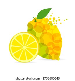 Lemon logotype concept. Cut citrus fruit logo, ad idea, white background. Trendy bubble style sign, creative symbol. Isolated abstract graphic design template. T shirt bright yellow colored elements.