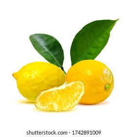 Lemon low poly. Foliage of citrus. Fresh, nutritious and tasty lemon. Symbols of fruits. Elements for label design. Lemon in triangulation technique. 