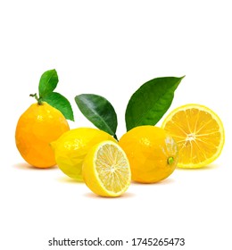 Lemon low poly. Foliage of citrus. Fresh, nutritious and tasty lemon. Symbols of fruits. Elements for label design. Lemon in triangulation technique. 
