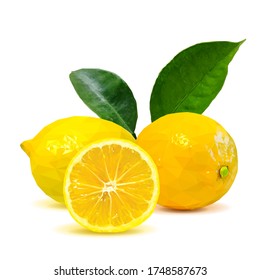Lemon low poly. Foliage of citrus. Fresh, nutritious and tasty lemon. Symbols of fruits. Elements for label design. Lemon in triangulation technique. 