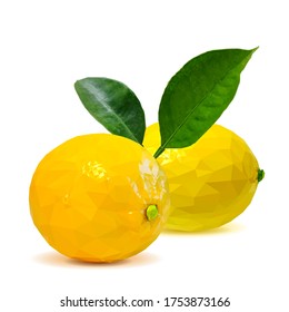 Lemon low poly. Foliage of citrus. Fresh, nutritious and tasty lemon. Symbols of fruits. Elements for label design. Lemon in triangulation technique. 