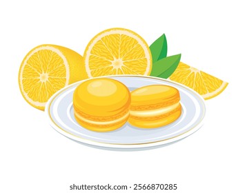 Lemon macarons on a plate vector illustration. Yellow french macaroons icon vector isolated on a white background. Yellow macarons and fresh lemons drawing