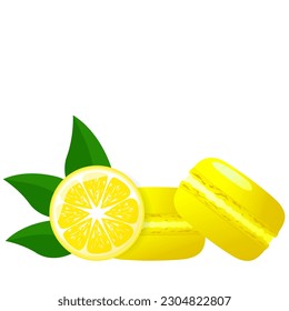 Lemon macarons and lemon slice. Composition of lemons macaroon isolated on white background.Gradient macarons. Vector traditional french cookies in cartoon style.Vector illustration.
