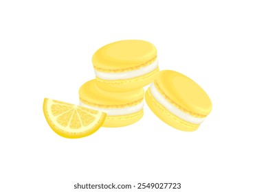 
Macarrones de limón aislados en blanco. Vector ilustración de dibujos animados de postre dulce. Pasteles franceses amarillos