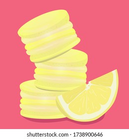 Lemon macaroons. Vector traditional french cookies in cartoon style. Composition of lemon and macaroon isolated on colorful background. Banner with almond cookies.