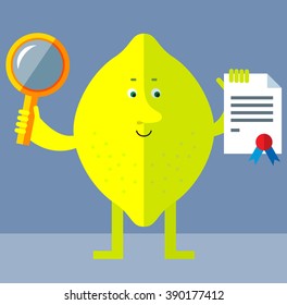 Lemon with magnifier glass and graduation diploma. Flat style vector illustration . Funny cartoon character