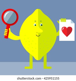 Lemon with magnifier glass and heart icon. Online Dating. Flat style vector illustration . Funny cartoon character